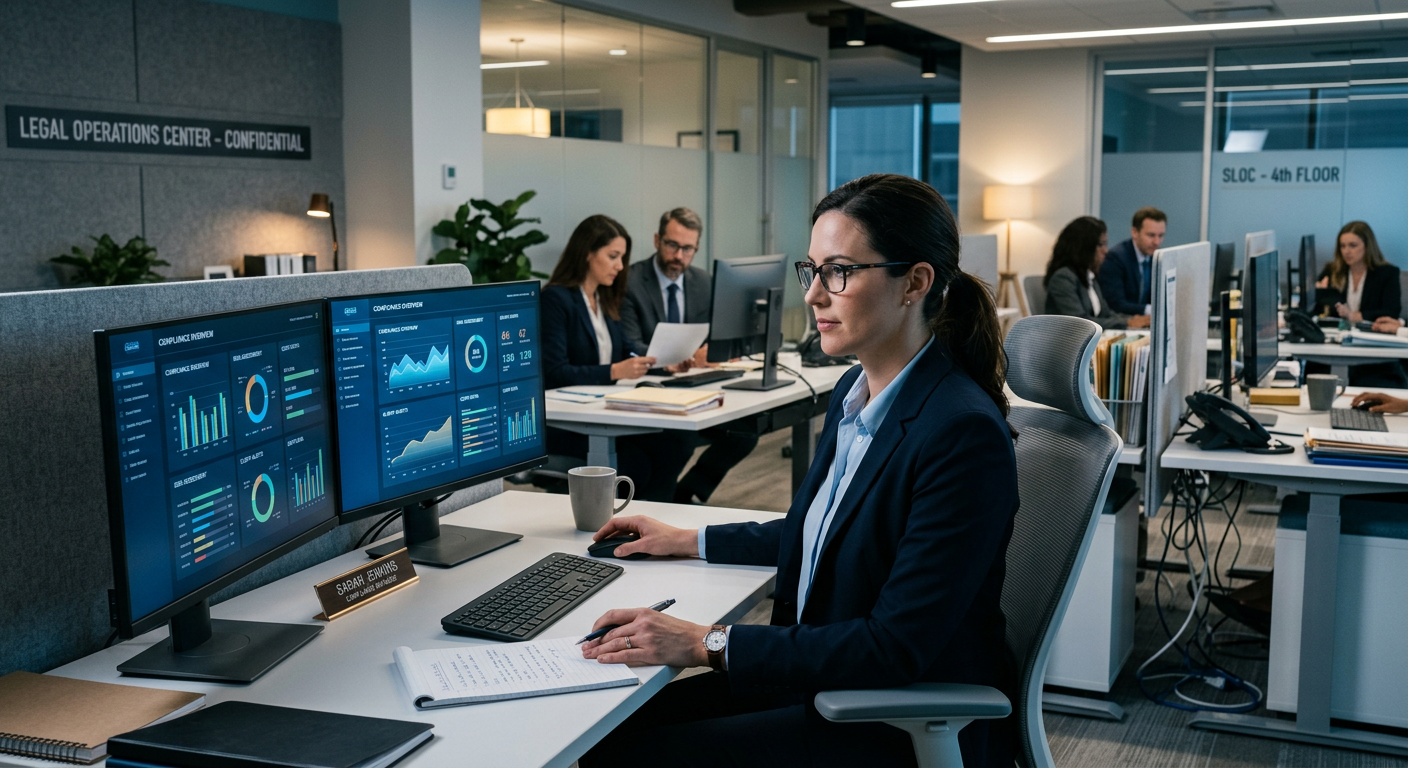 Professional scene inside a secure legal operations center, showing a compliance manager reviewing dashboards on dual moni...
