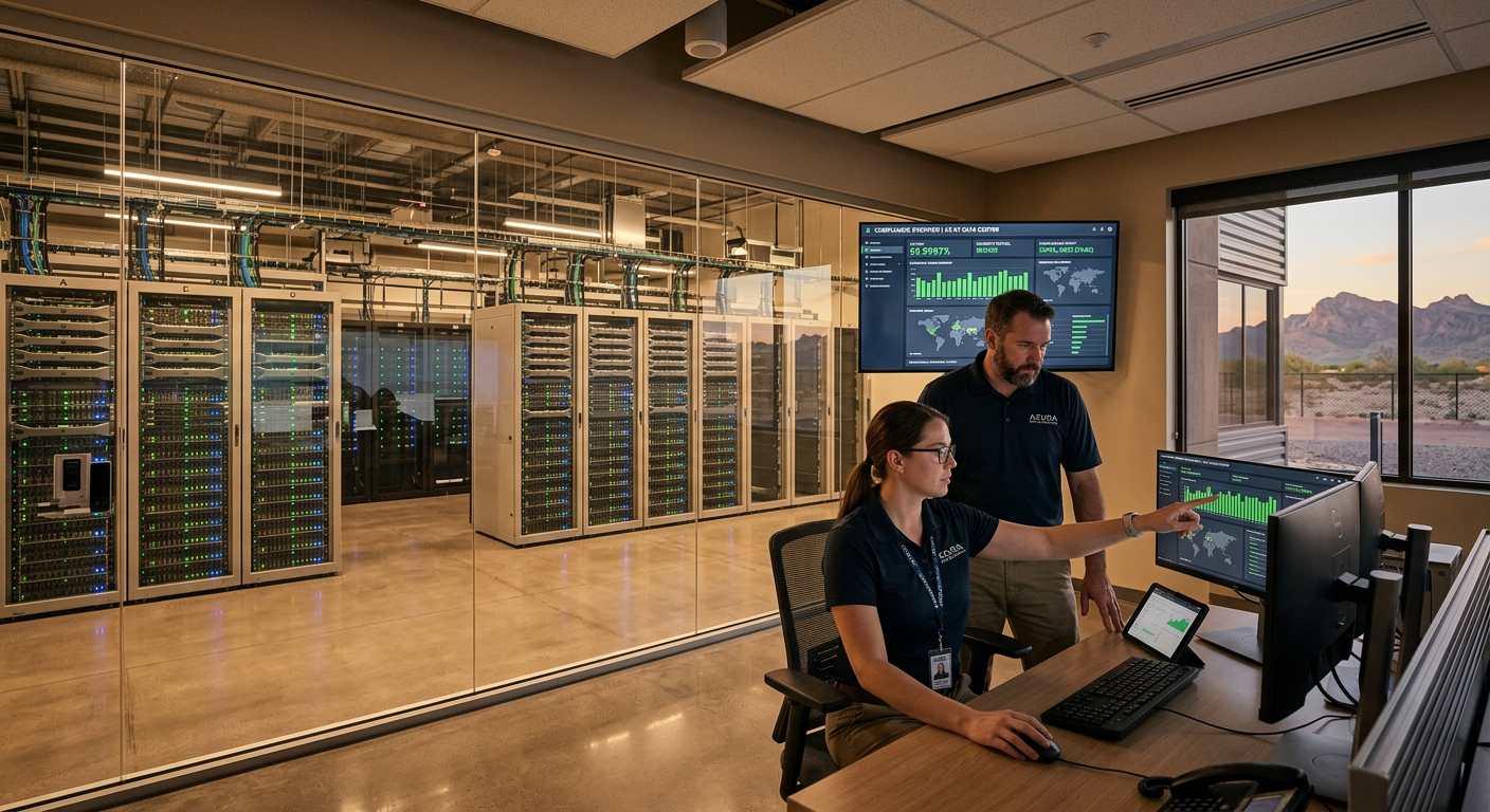 Photorealistic scene of a secure Arizona data center with calm lighting, technicians reviewing compliance dashboards, and ...