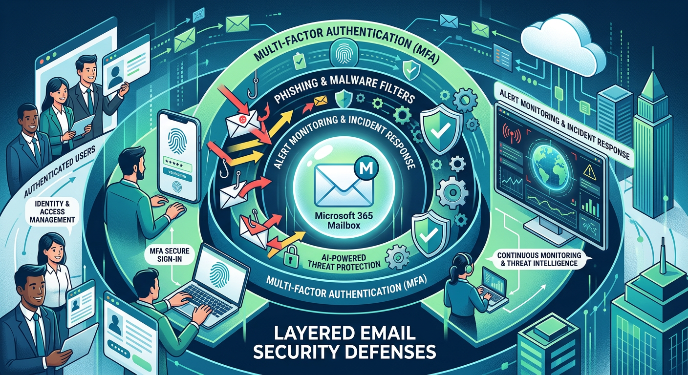 Modern editorial illustration of layered email security defenses around a Microsoft 365 cloud mailbox, showing authenticat...