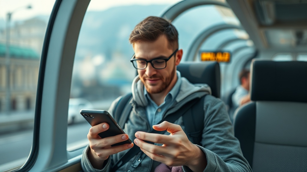 Voyageur en Suisse consultant la 5G et le roaming sur son smartphone
