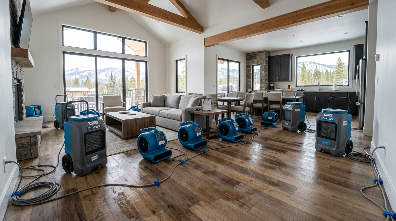Wide interior shot of a drying setup inside a mountain property, multiple dehumidifiers and air movers arranged around wet...