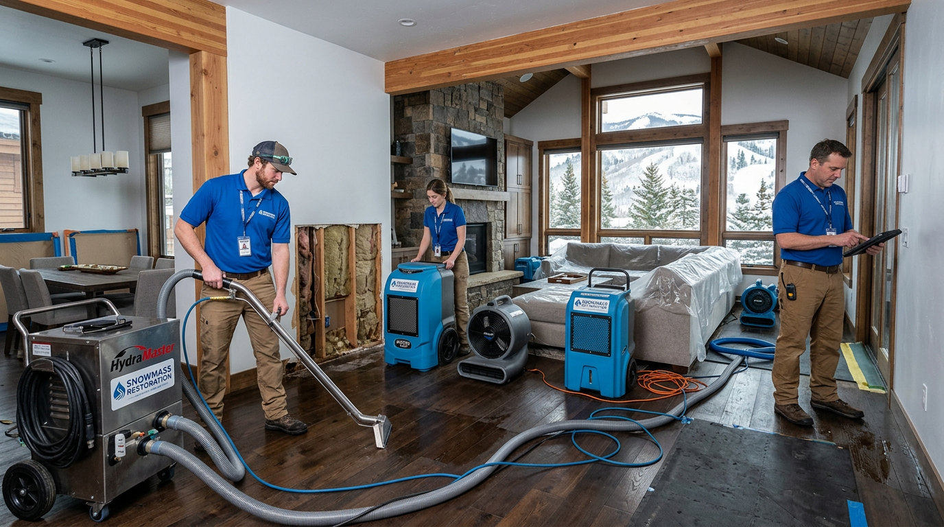 A detailed photorealistic interior restoration scene showing water extraction equipment, dehumidifiers, and technicians dr...