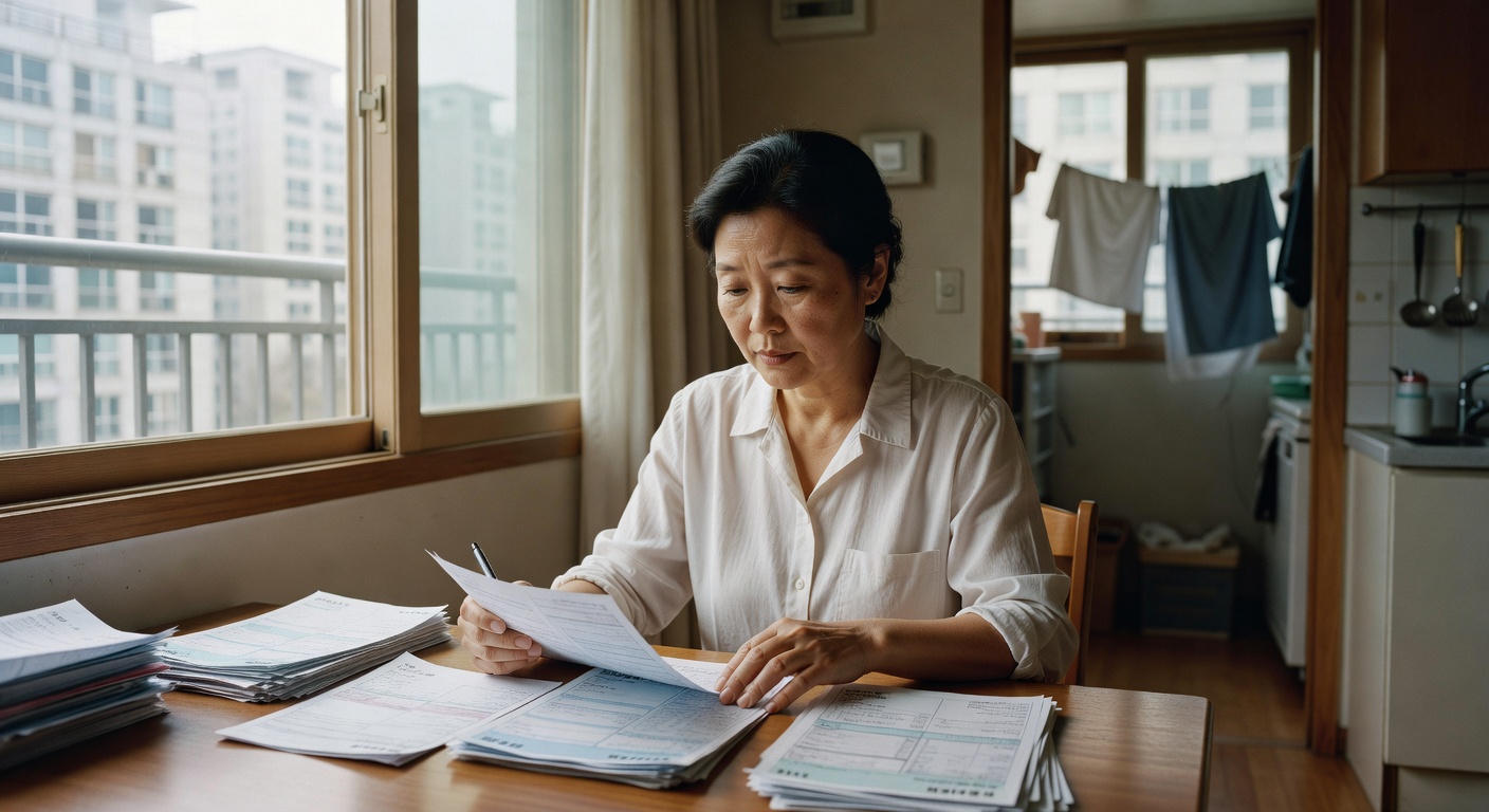 person reviewing utility bills at a desk in a Korean apartment