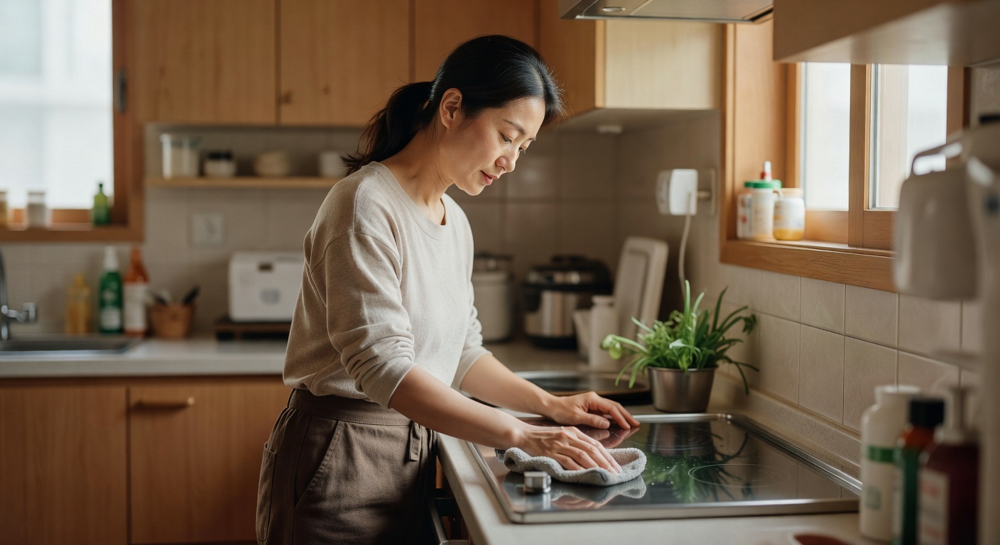 clean kitchen stovetop after degreasing, wiped with cloth