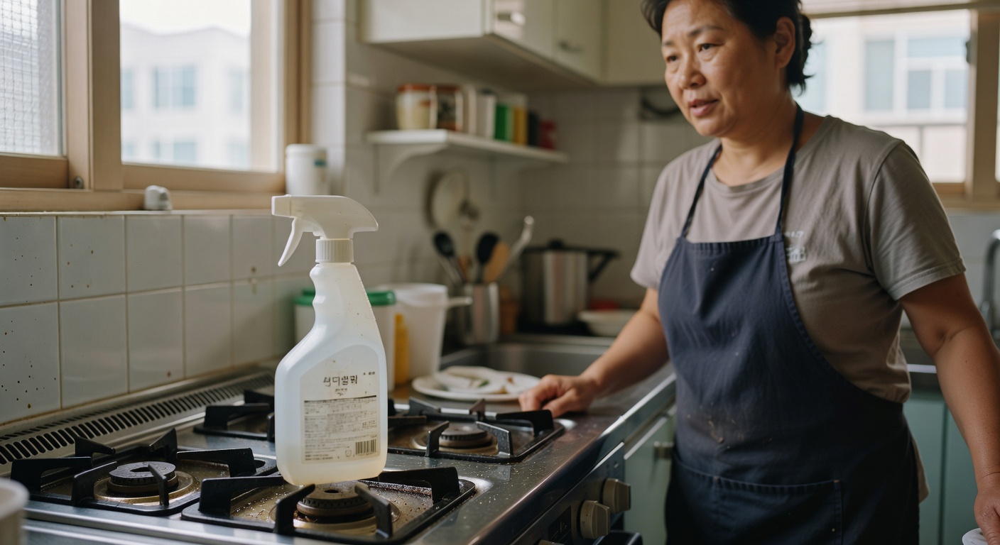 spray bottle of kitchen degreaser next to greasy stovetop in Korean kitchen