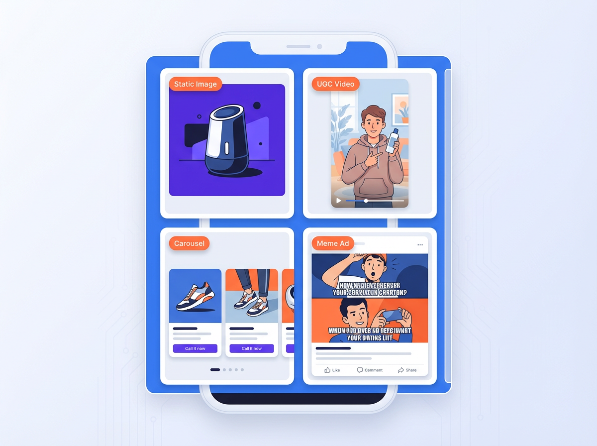 Facebook ad creative examples including a static image, UGC video, carousel, and meme ad.