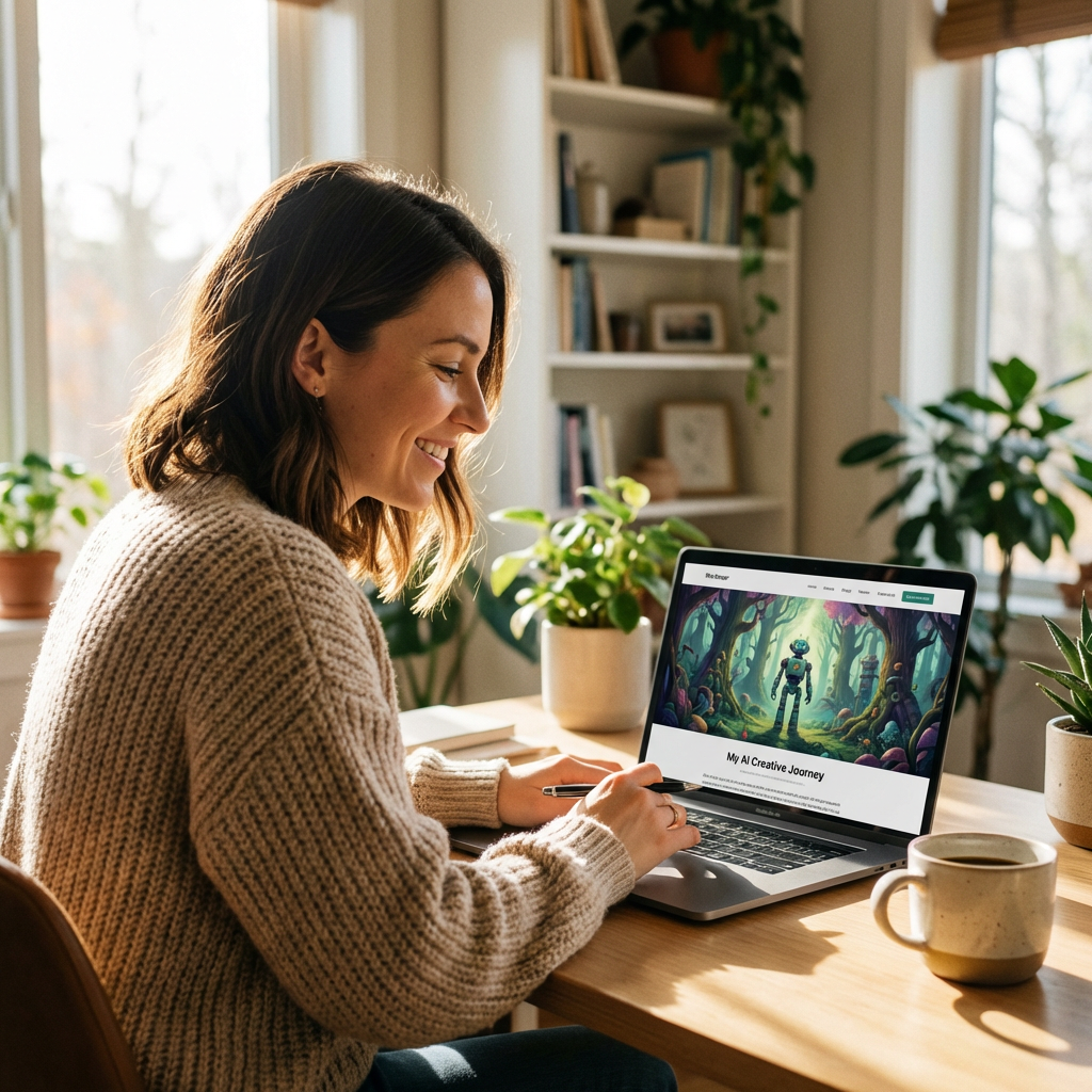 Blogger working at laptop with AI-generated hero image displayed at the top of a completed blog post, cozy home office with natural lighting