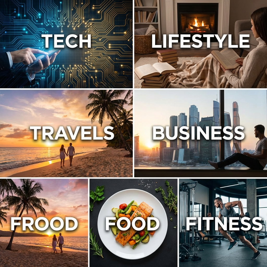 Grid of six blog post hero images across tech, lifestyle, business, travel, food, and fitness categories — all AI-generated