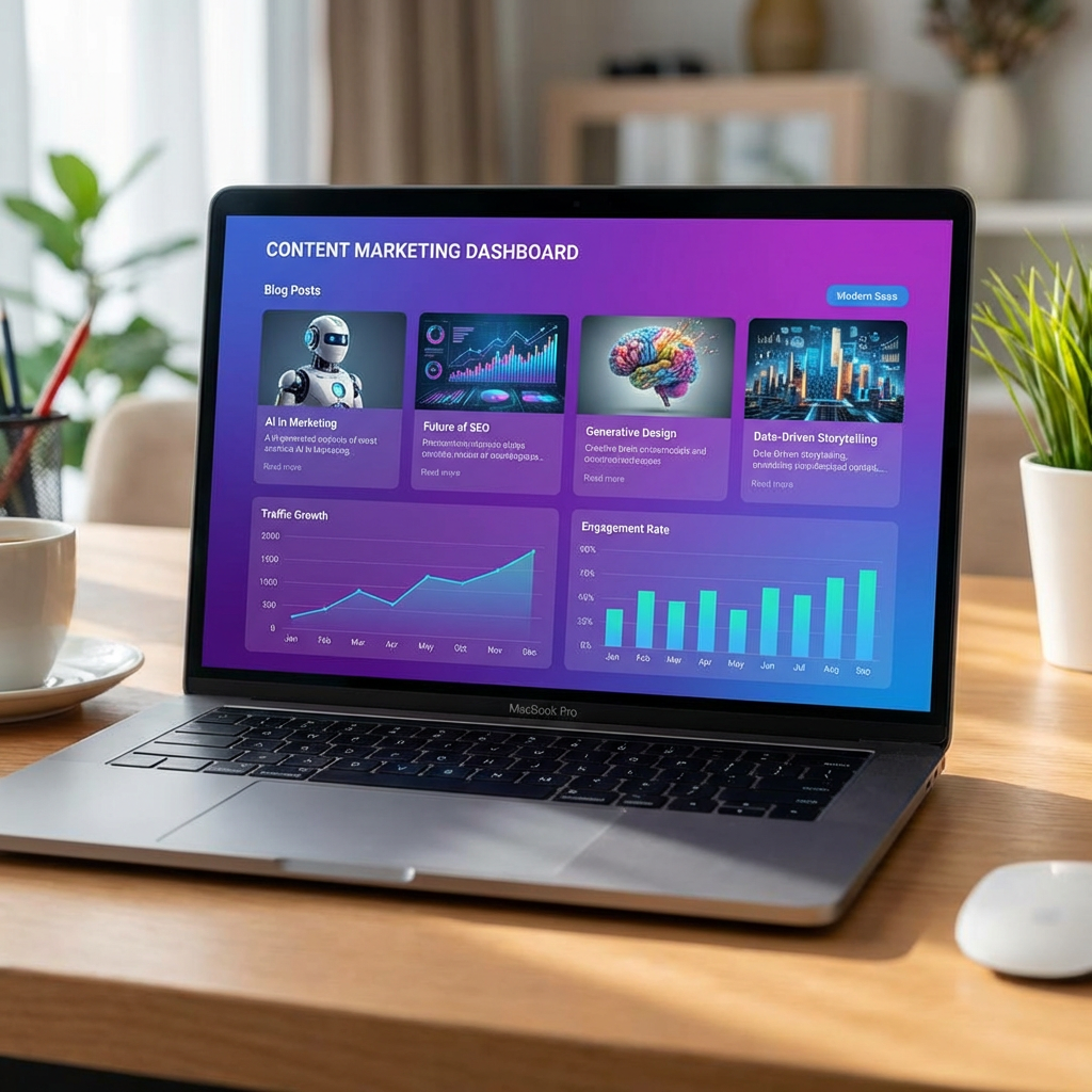 Content marketing dashboard showing multiple blog articles, each featuring unique AI-generated hero image thumbnails