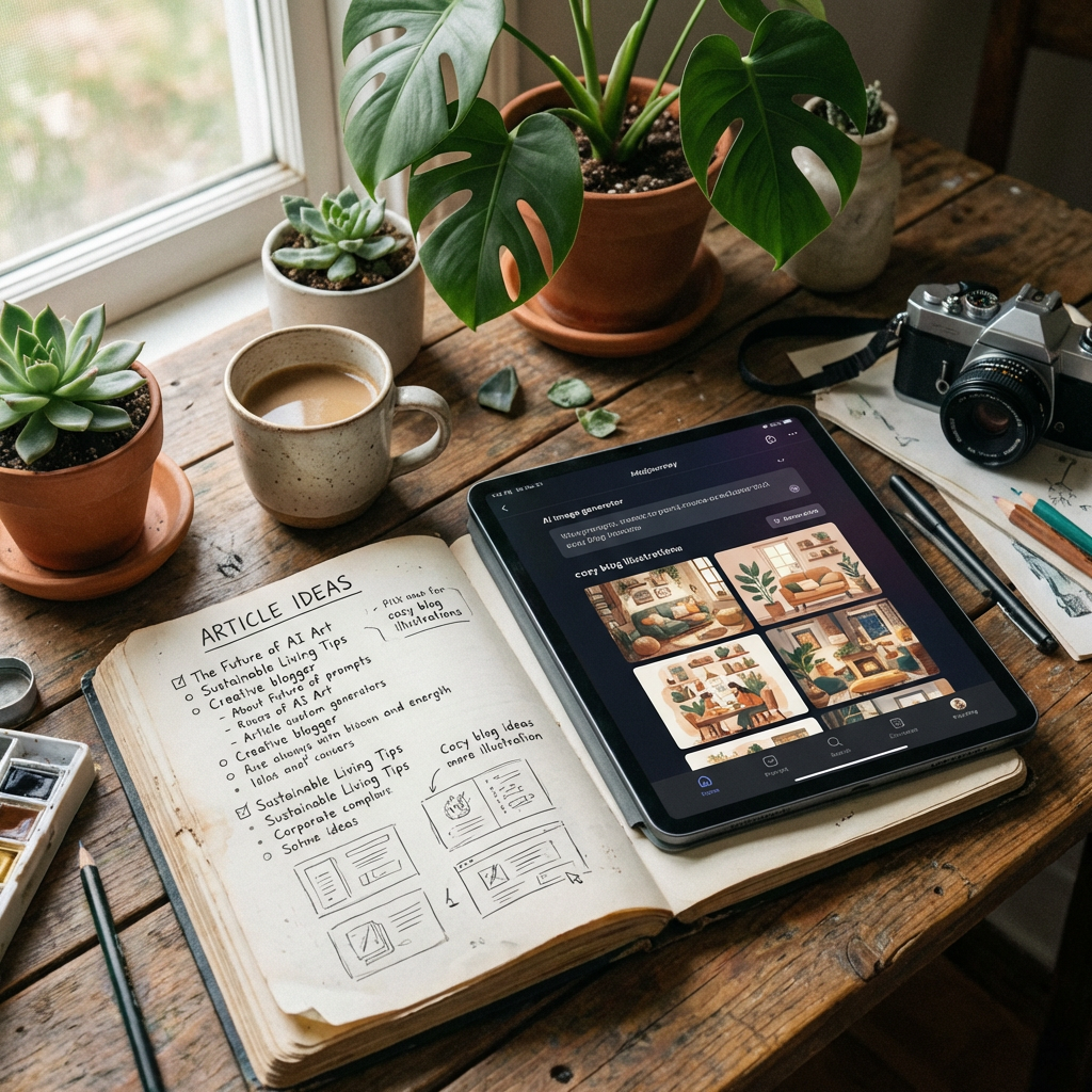 Flat-lay top view of blogger workspace with notebook of article ideas and tablet showing AI image generator producing blog illustrations