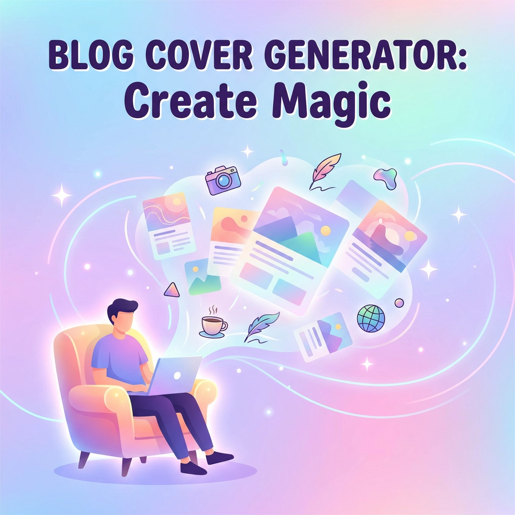 Stylized illustration of a writer at laptop with colorful AI-generated blog cover images and illustrations floating out of the screen