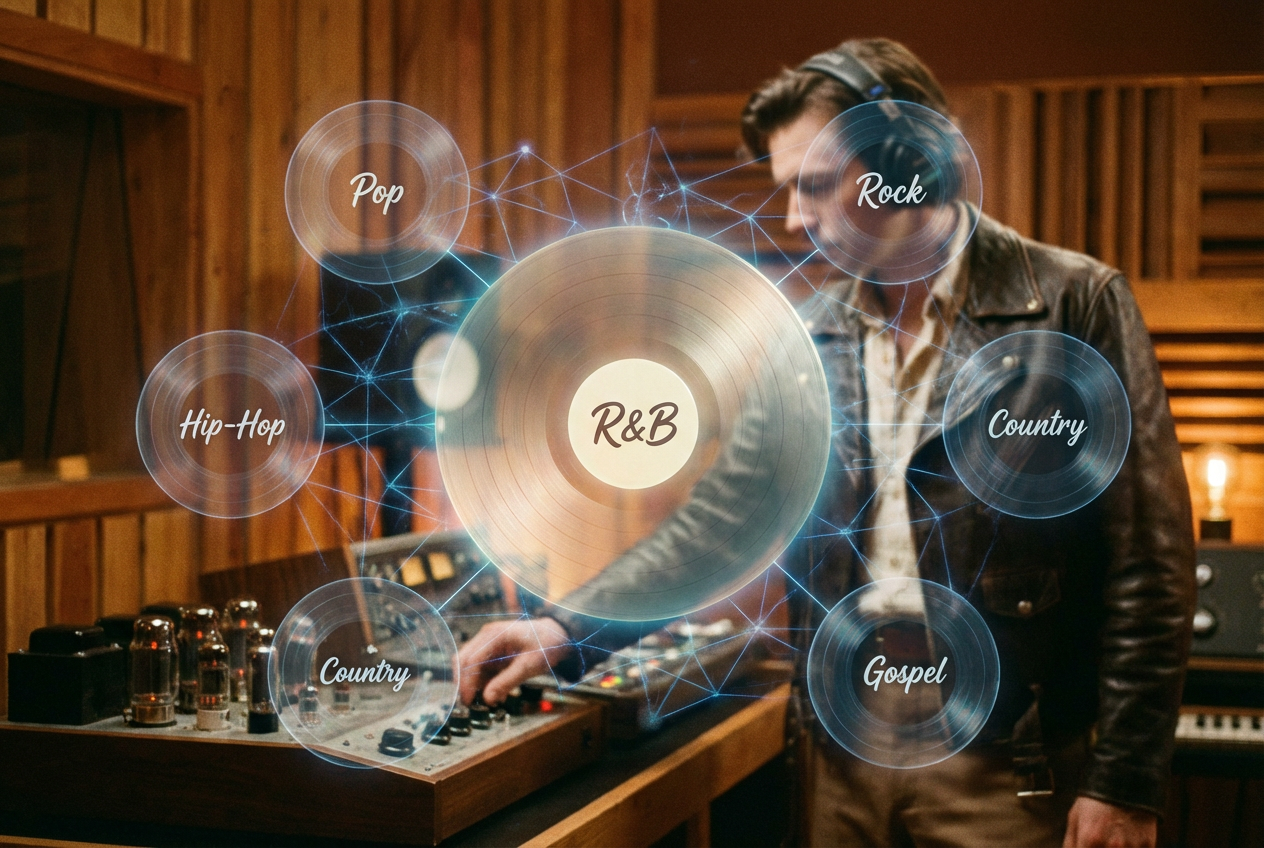 alt text: Pie chart showing AI music genre distribution with R&B leading