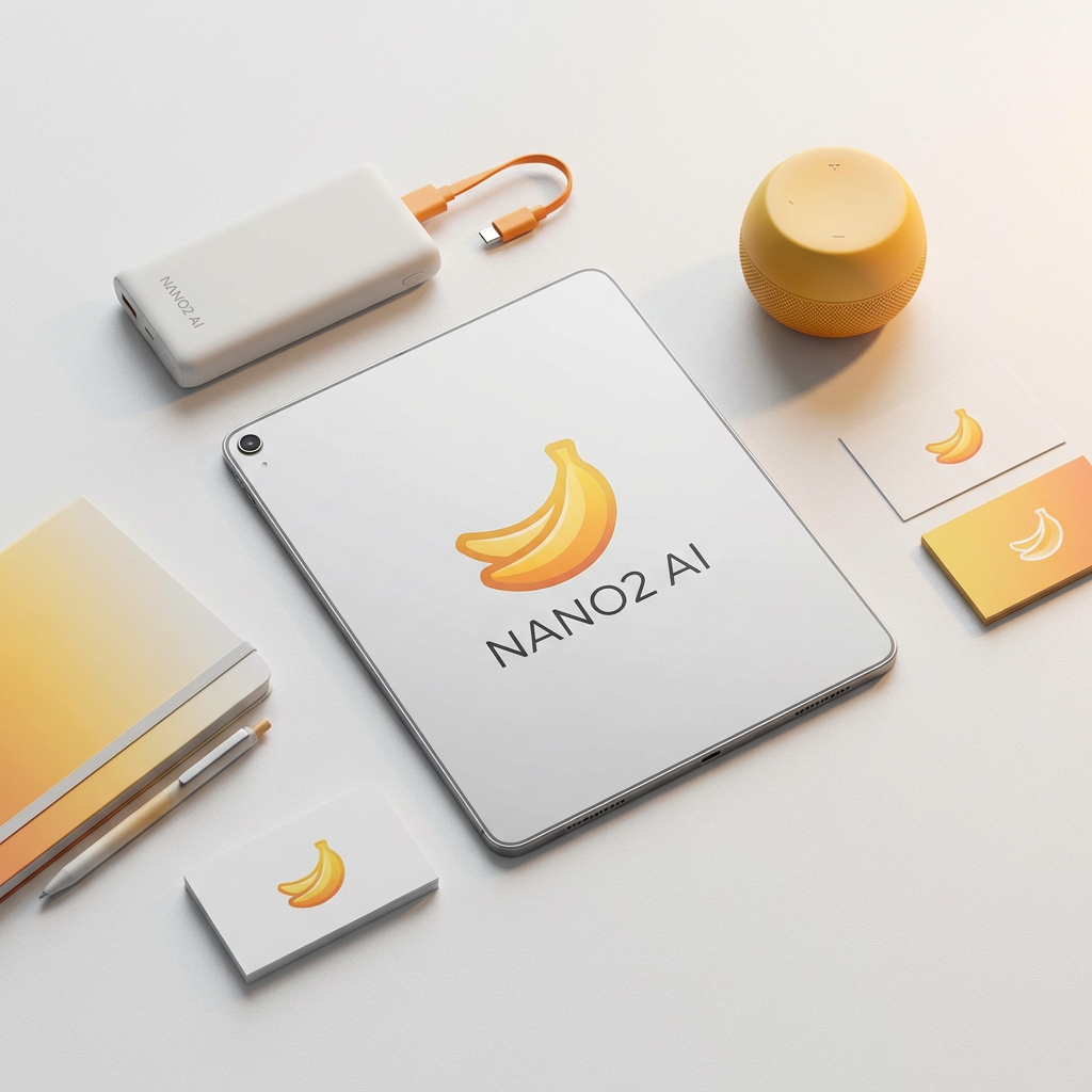 Nano2 AI brand showcase flat lay with gradient accents and banana mascot