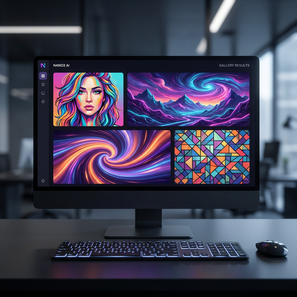 Nano2 AI free image generator gallery of colorful AI-generated portraits and landscapes