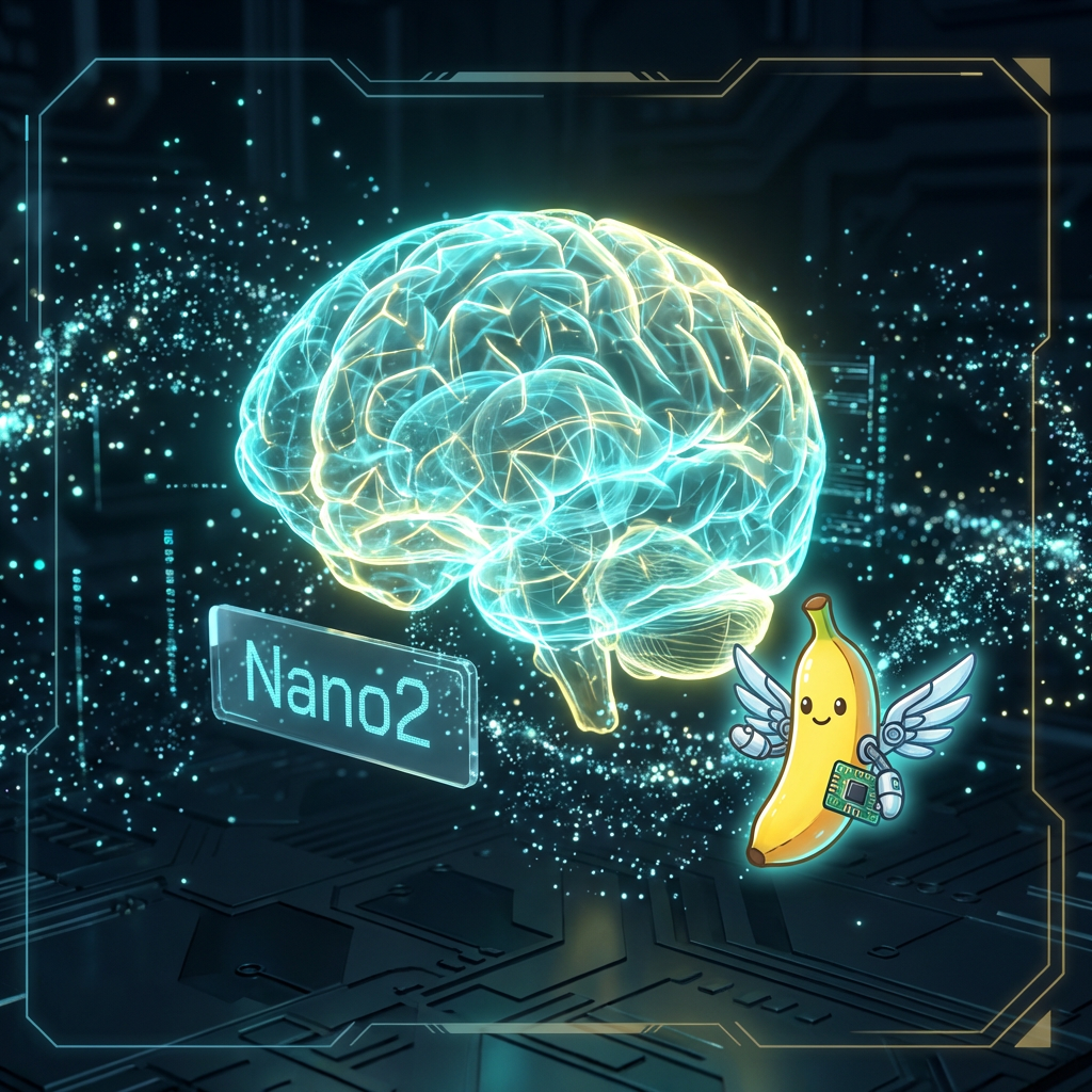 Futuristic AI brain hologram representing the Nano2 AI image generator model