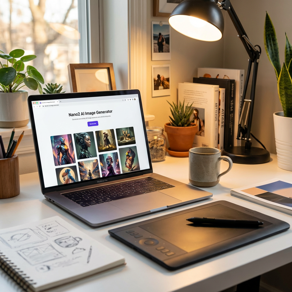 Modern creator workspace using Nano2 AI image generator on a laptop