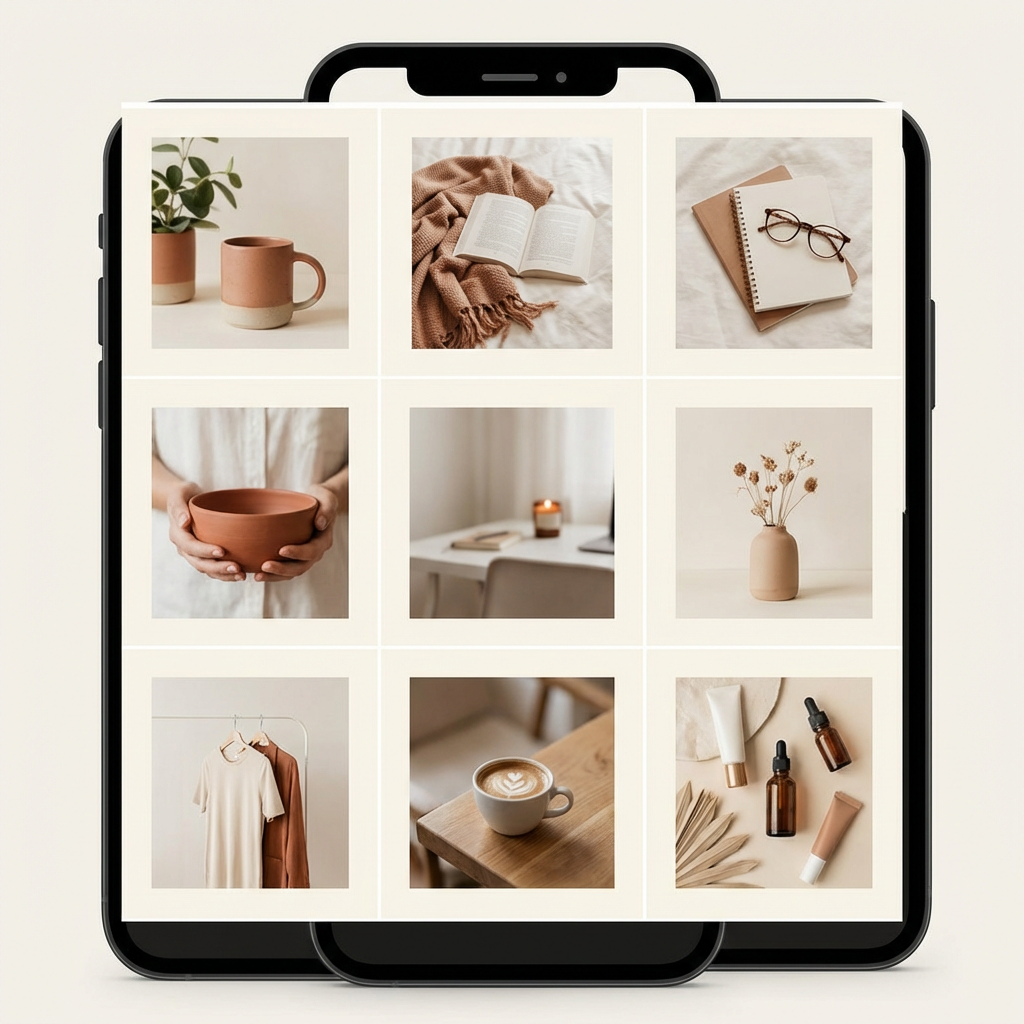Cohesive Instagram aesthetic feed grid showing 9 matching posts with coordinated warm terracotta color palette — output from the AI Instagram aesthetic generator