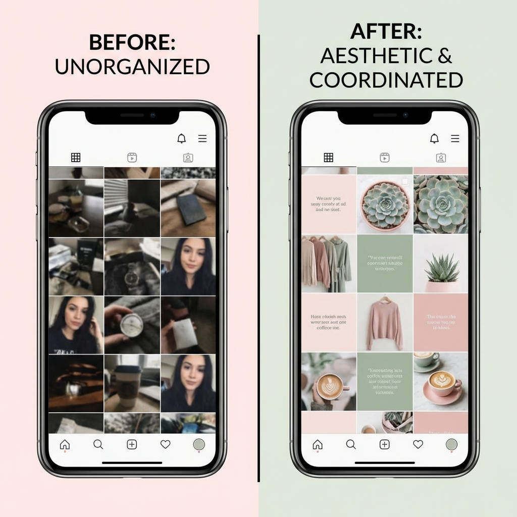 Before and after of a messy Instagram feed transformed into an aesthetic coordinated Instagram theme with pastel pink and sage green using an AI aesthetic generator