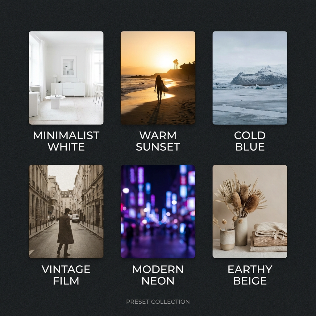 Six Instagram aesthetic feed presets — minimalist white, warm sunset, cold blue, vintage film, modern neon, and earthy beige — generated by the Instagram aesthetic generator