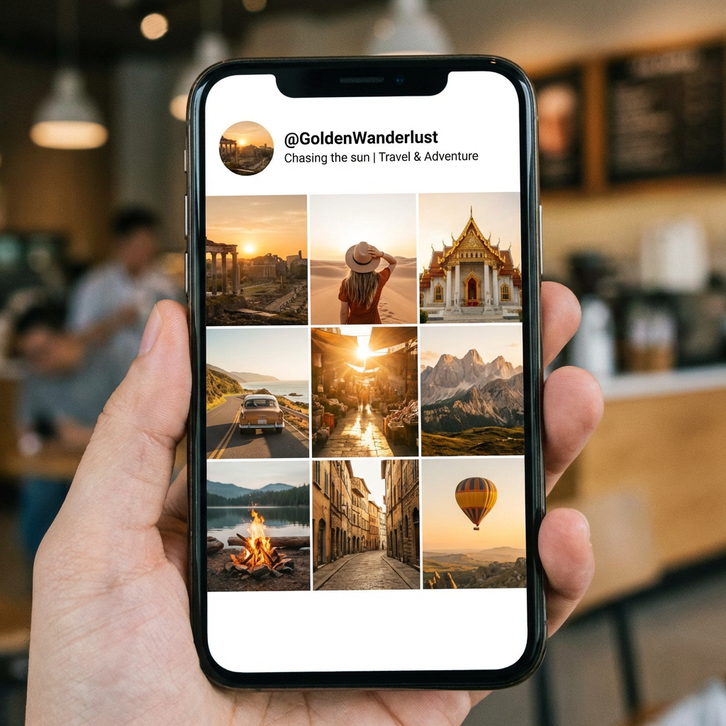 Instagram aesthetic feed mockup on a phone showing a 3x3 grid of coordinated travel photography created with Nano Banana Pro