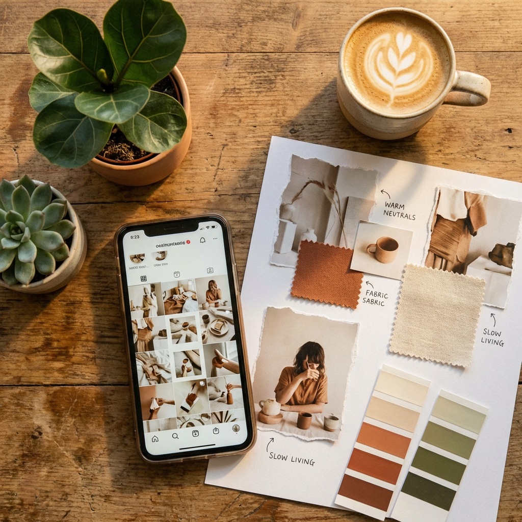 Instagram aesthetic content planning flat lay with phone grid preview, color swatches, and mood board from the AI aesthetic generator