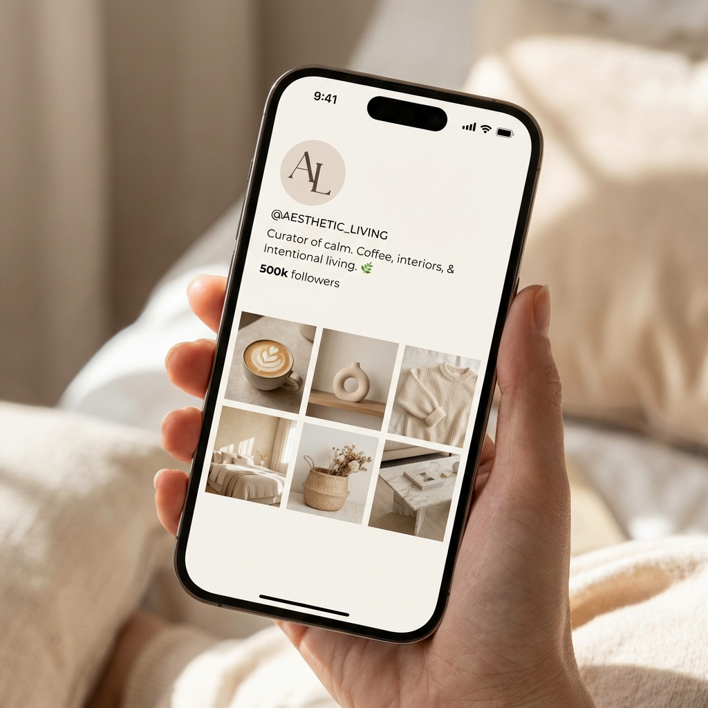 Close-up of a curated Instagram profile on iPhone with a matching beige and cream aesthetic generated by the Instagram aesthetic generator