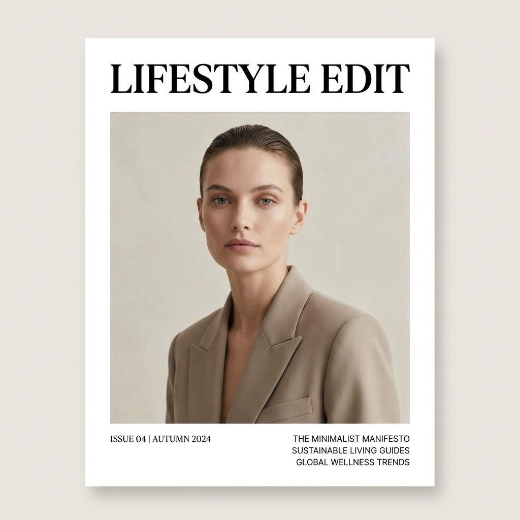 Minimalist lifestyle magazine cover with clean serif masthead, editorial fashion portrait, and professional print layout