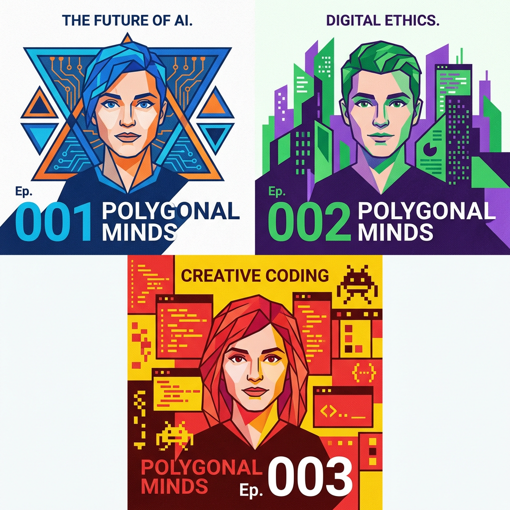 Podcast cover art series showing consistent branding across three episodes in grid layout with host illustrations and episode numbers