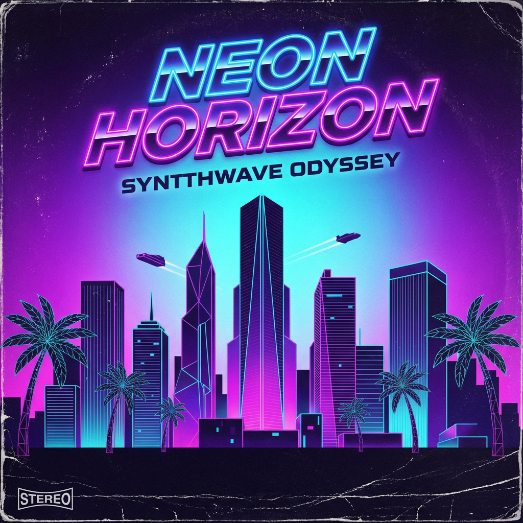 Electronic dance music album cover with synthwave neon aesthetic, retro-futuristic cityscape, and glowing purple cyan typography