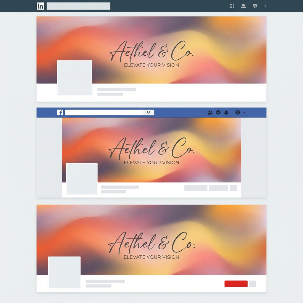 Social media cover banner with abstract fluid sunset gradient, elegant script typography, and minimalist modern brand design