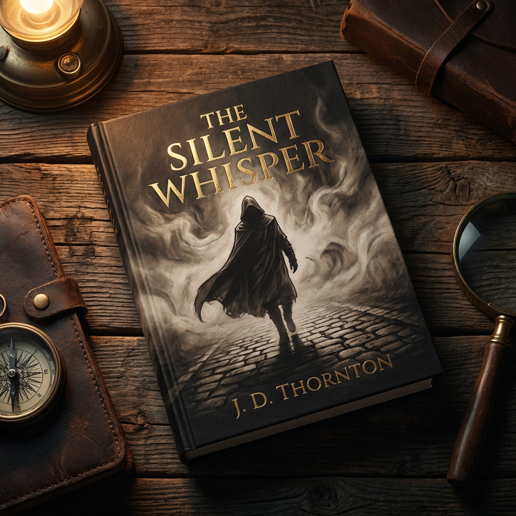 Bestselling mystery novel book cover mockup on rustic wood table with dramatic silhouetted figure, fog, and gold foil title