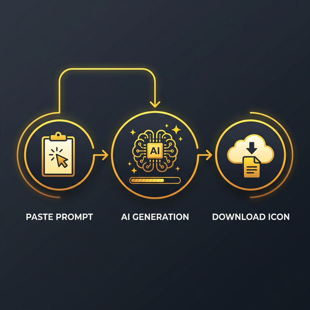 Three step flow diagram for image generator free no login: prompt, generate, download