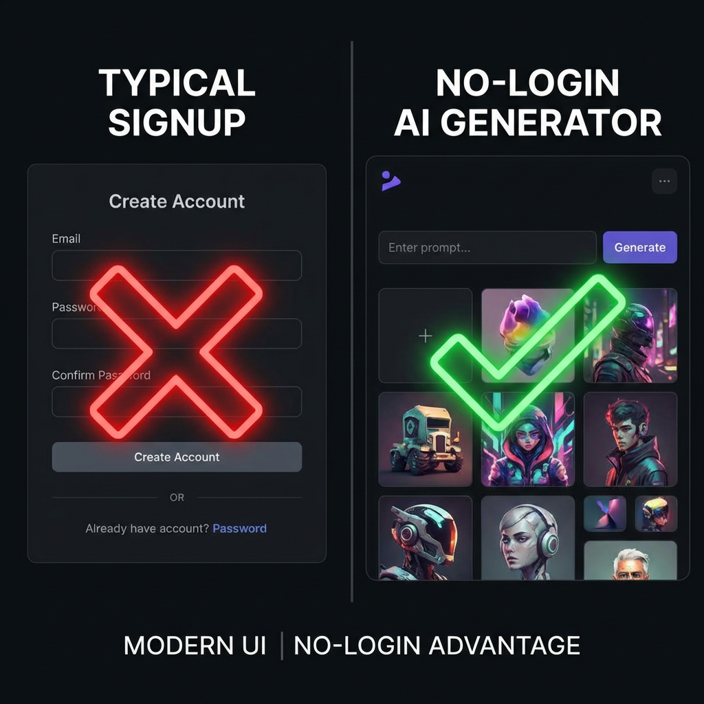 Comparison of signup form versus free image generator without login clean interface