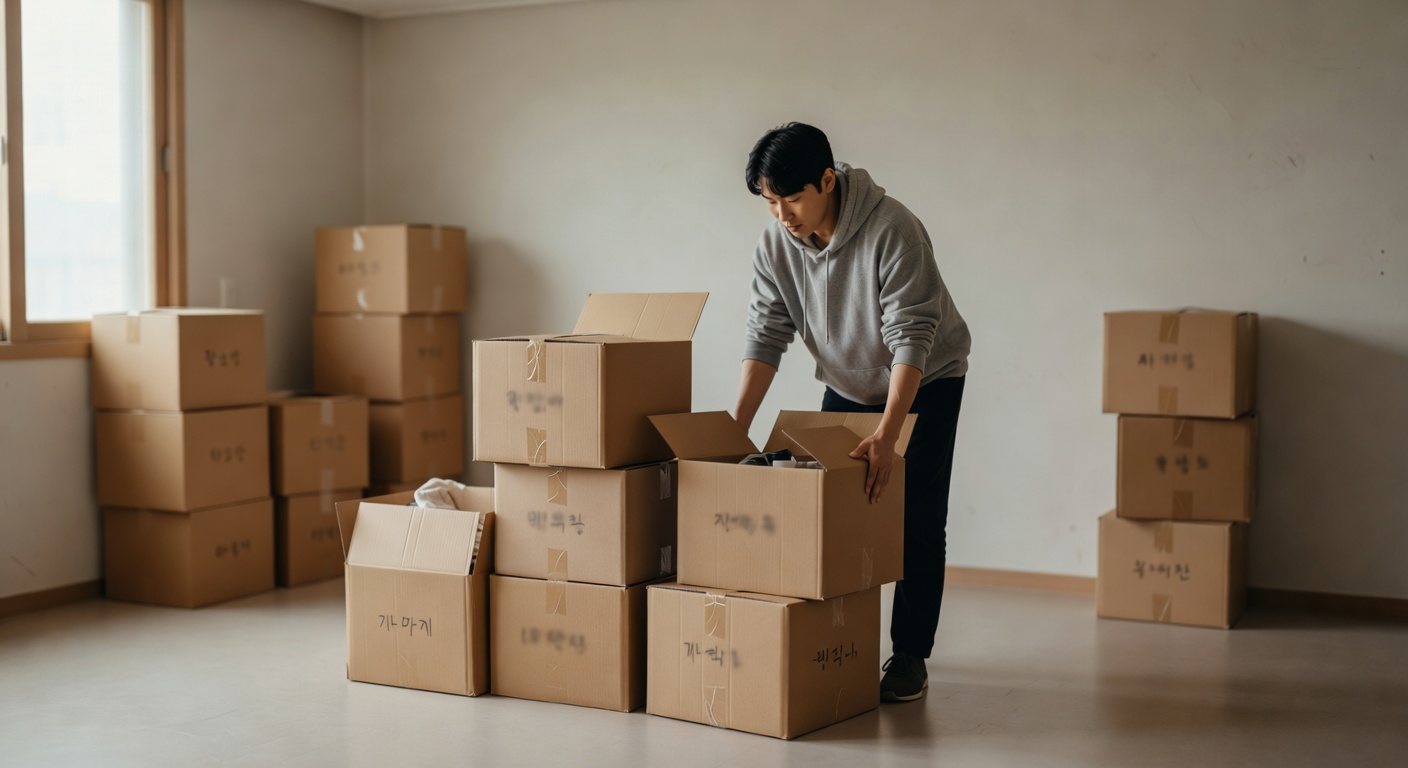 boxes packed and stacked in an empty apartment room