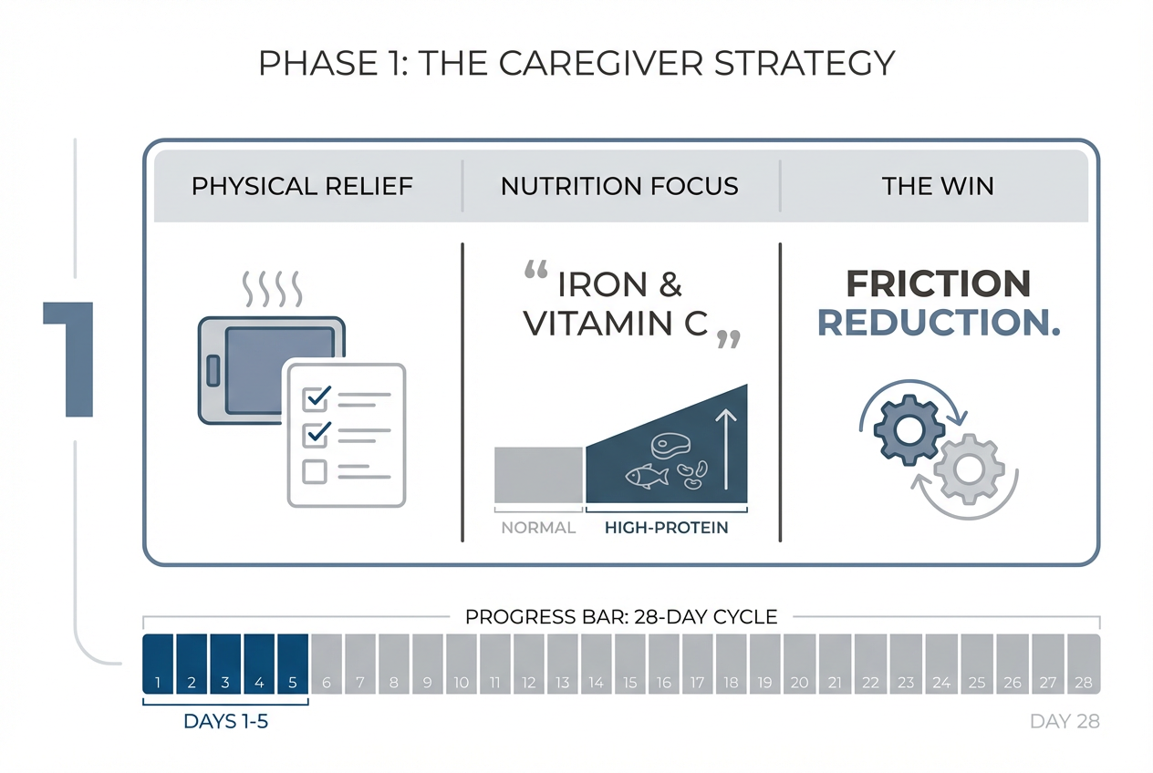 A tactical infographic for partners titled Phase 1 The Caregiver Strategy detailing physical relief, iron-rich nutrition, and chore support for days 1-5.