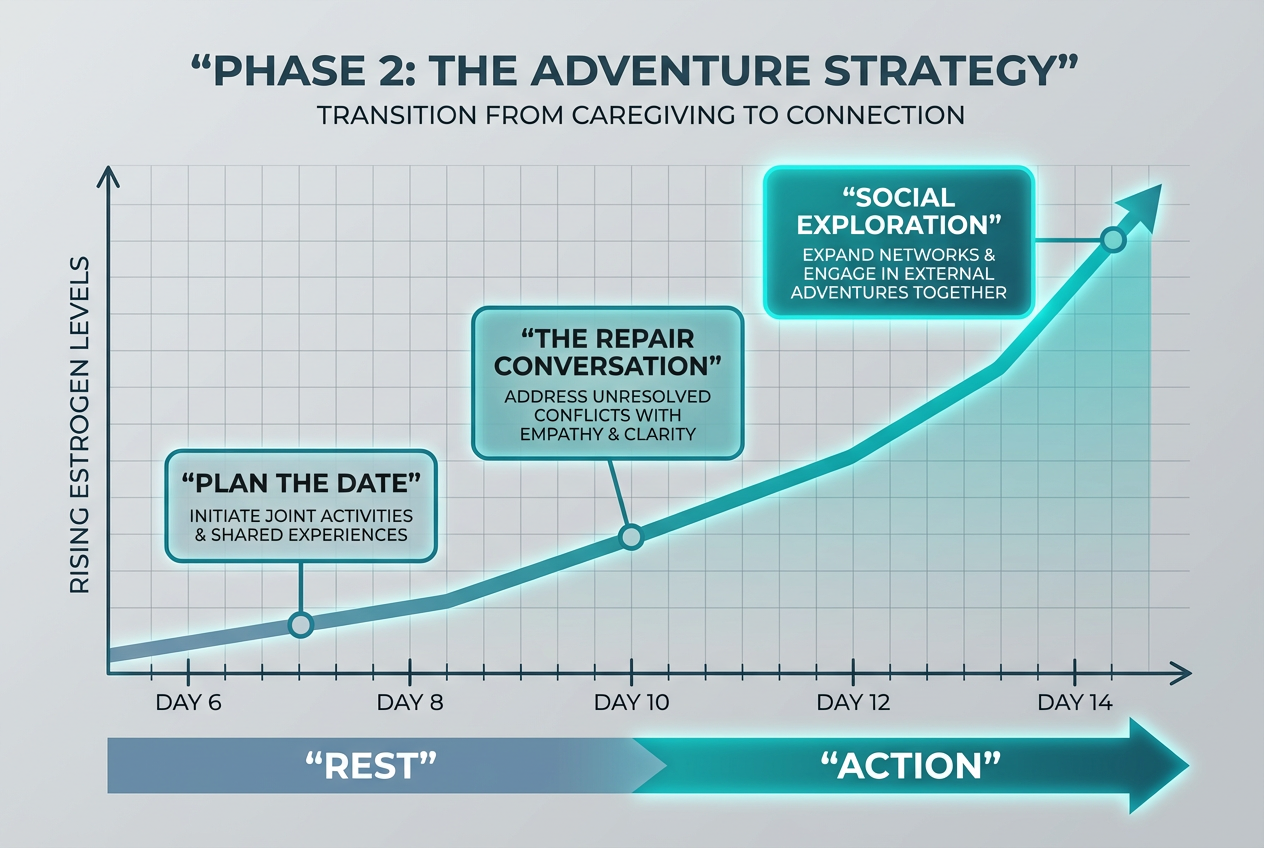 An upward-sloping line graph illustrating the rising energy levels of the follicular phase from day 6 to day 14 with specific partnership action points.