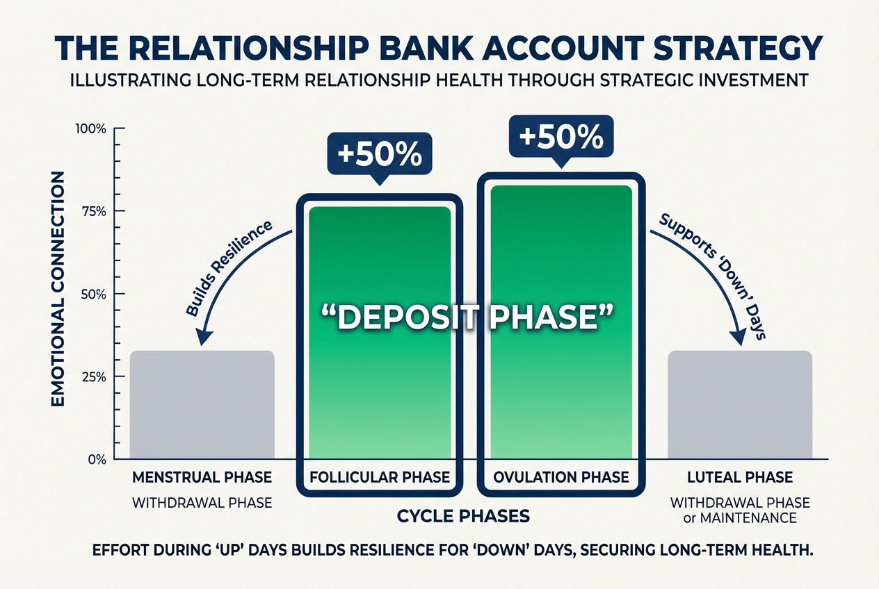 A professional bar chart showing how supporting a partner during the follicular phase acts as a deposit in the relationship bank account.