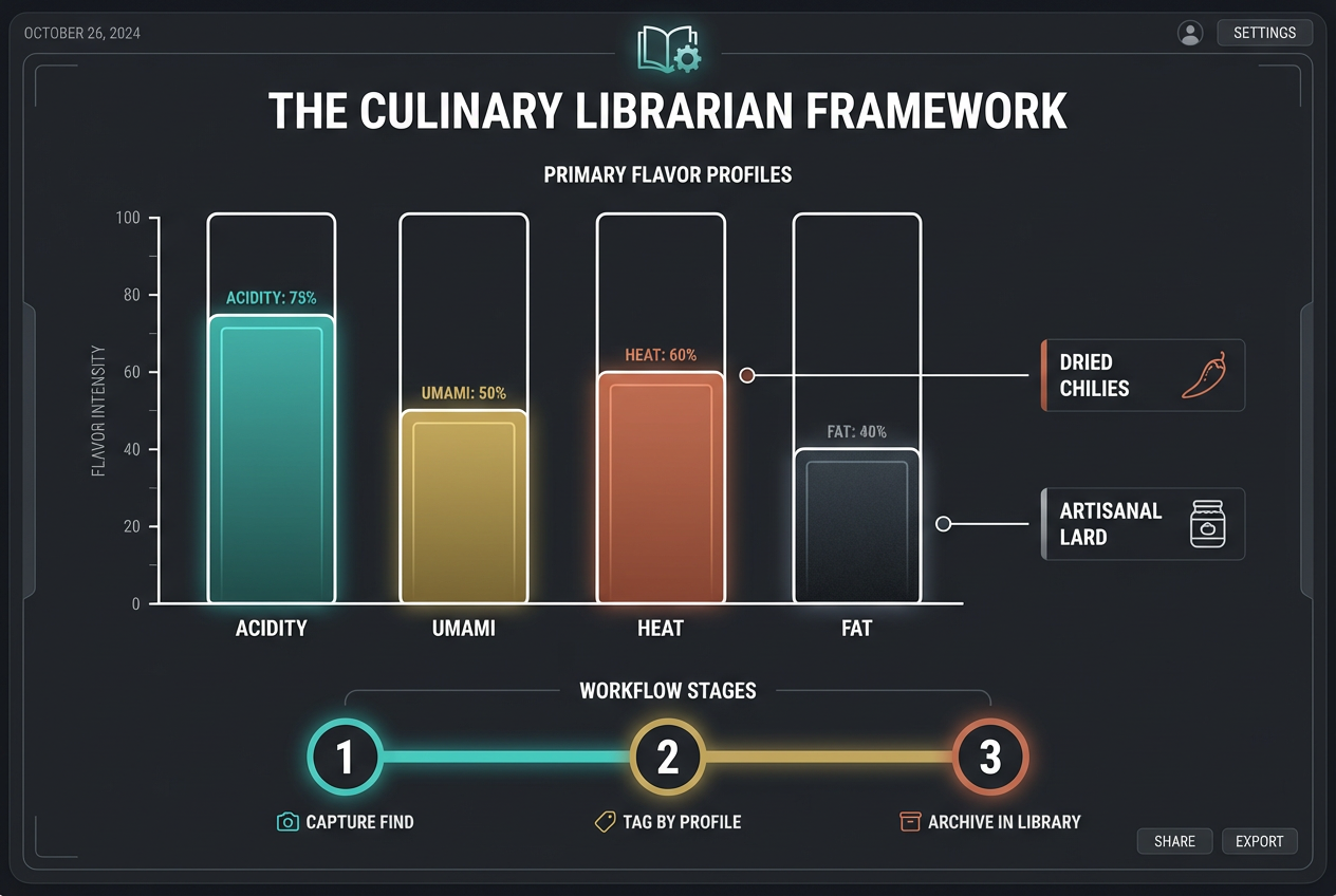 A digital library framework showing how to categorize warehouse grocery finds by flavor profiles like acidity, umami, heat, and fat content.