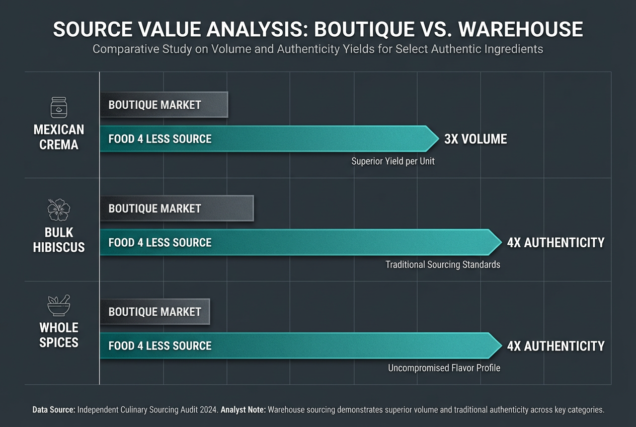 A horizontal bar chart comparing the volume and authenticity of items like Mexican crema and bulk spices at boutique markets versus warehouse sources.