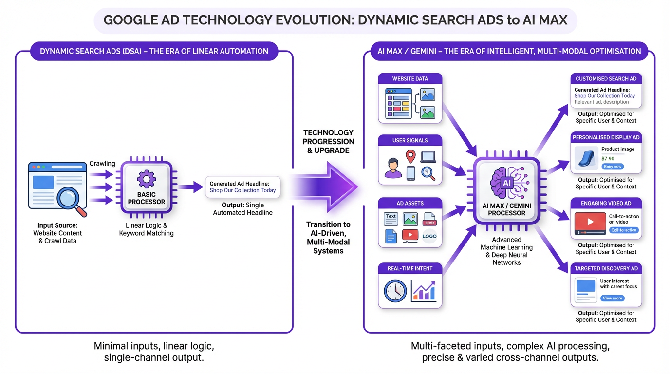 Diagram showing the evolution from simple website-crawling Dynamic Search Ads to the multi-signal AI Max system.