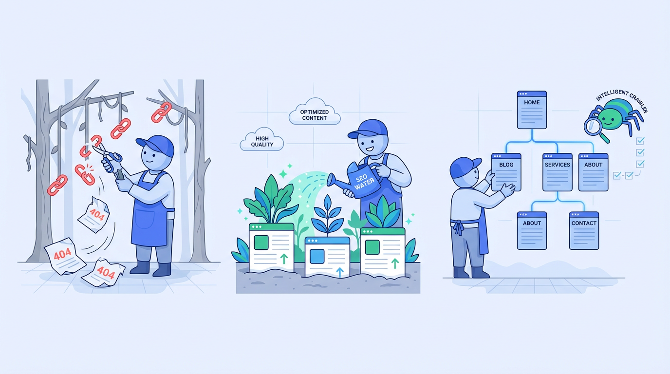An illustration of a marketer performing a website cleanup before the AI Max migration.