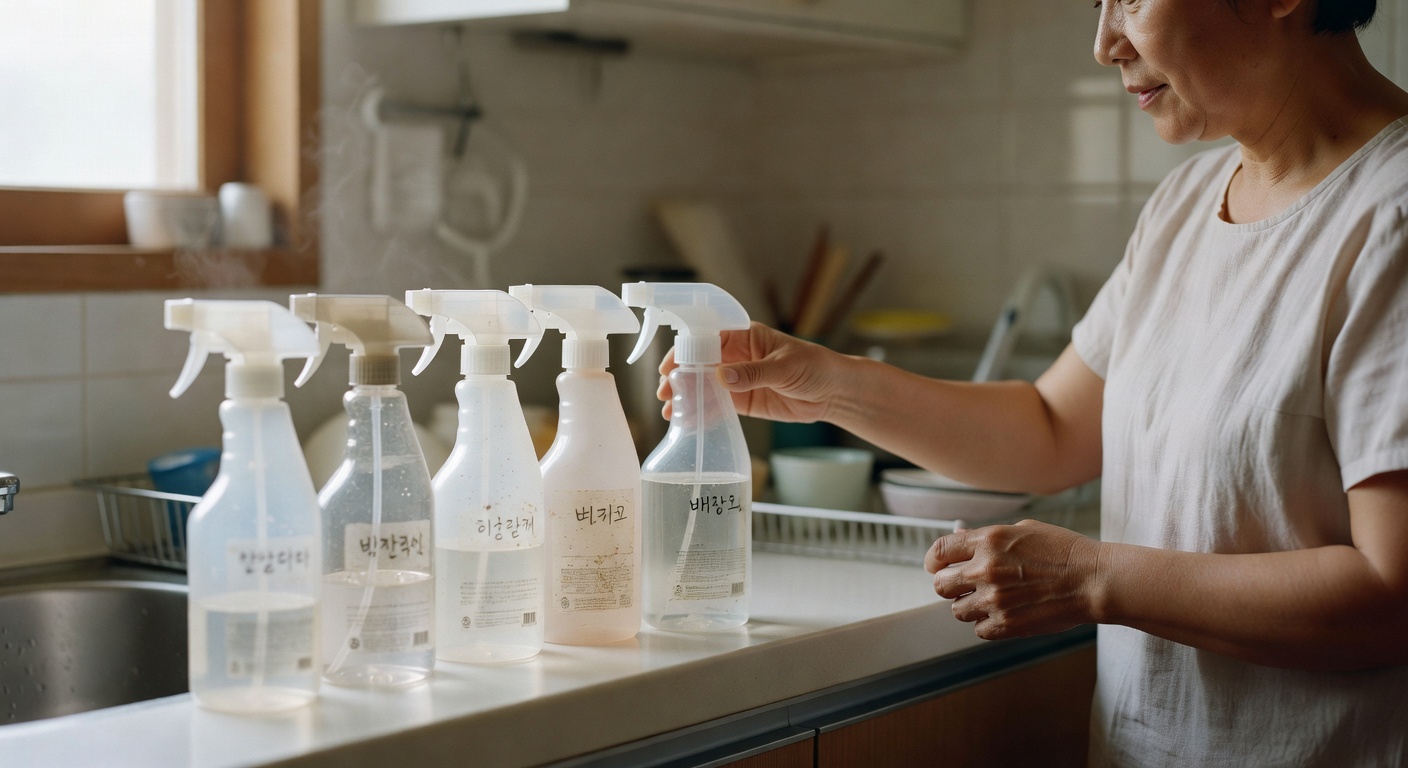 five different kitchen cleaning spray bottles lined up on a white countertop