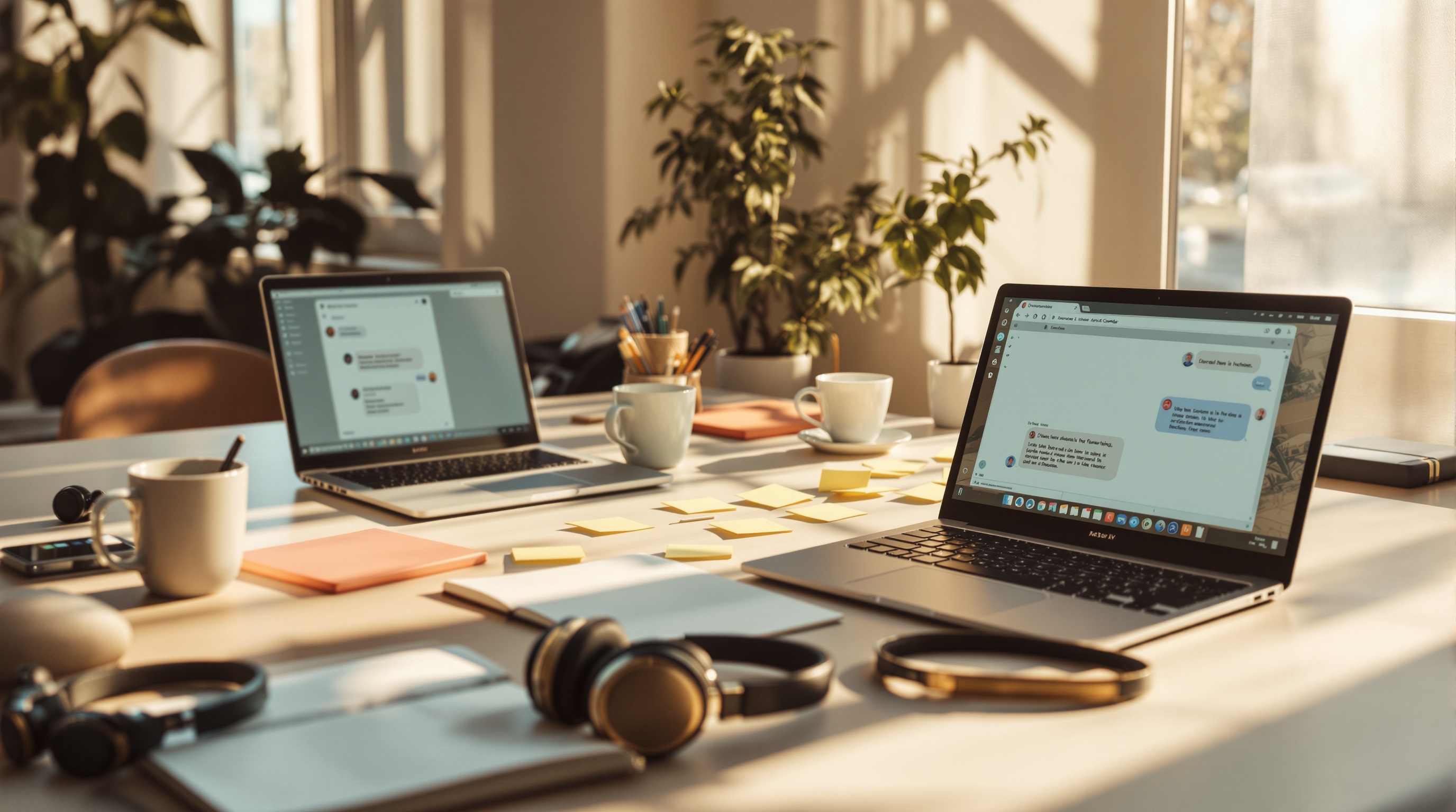 Collaborative workspace showing multiple laptops with AI assistants open
