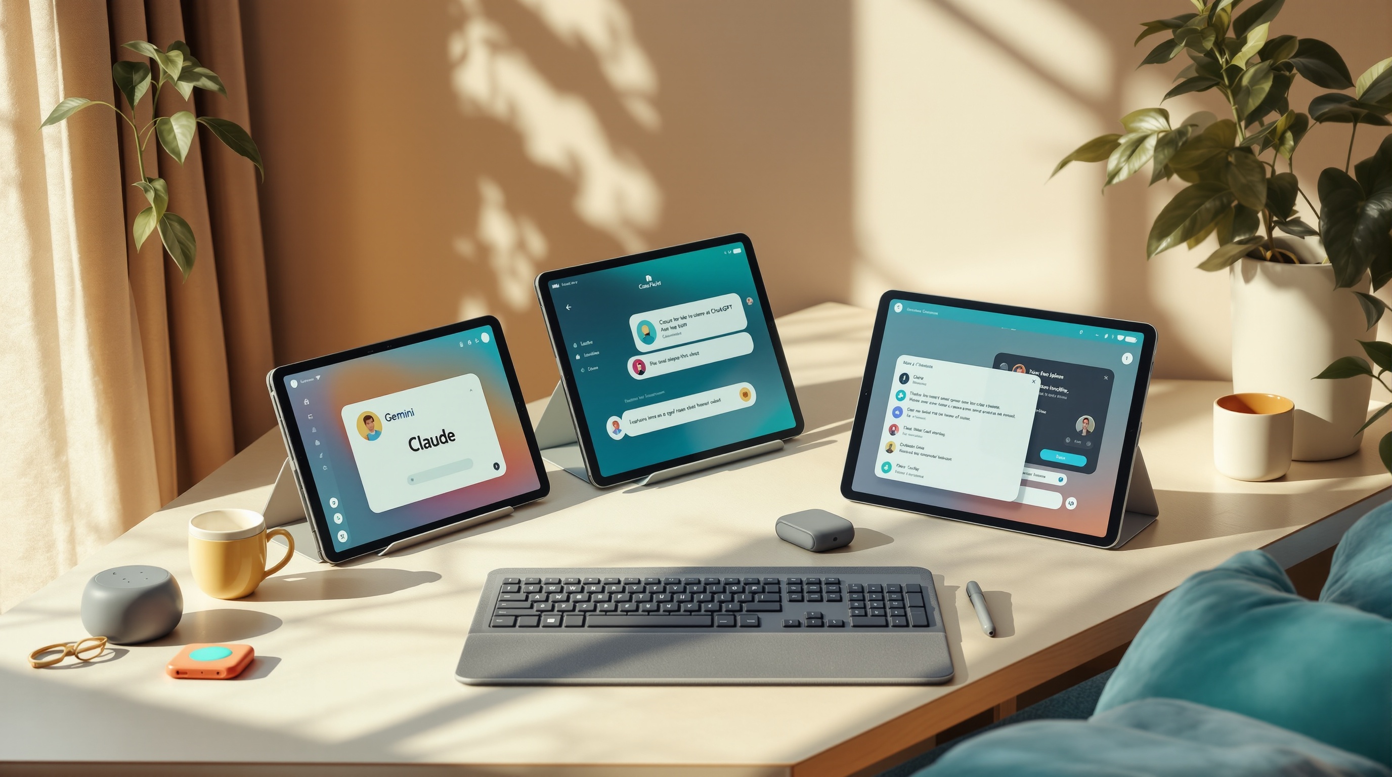 Tablets on a desk each showing a different AI assistant interface