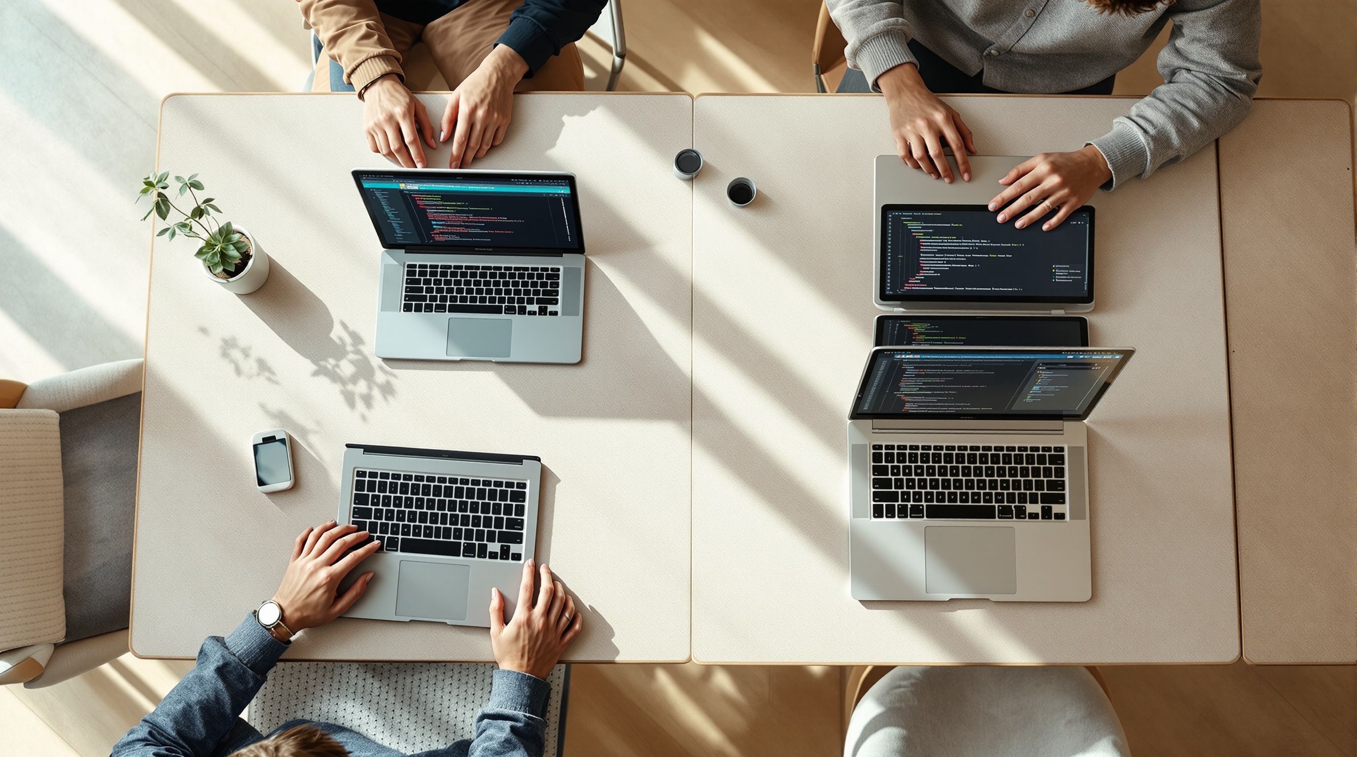 Multiple devices on a team table showing collaborative OmnyChat AI outputs