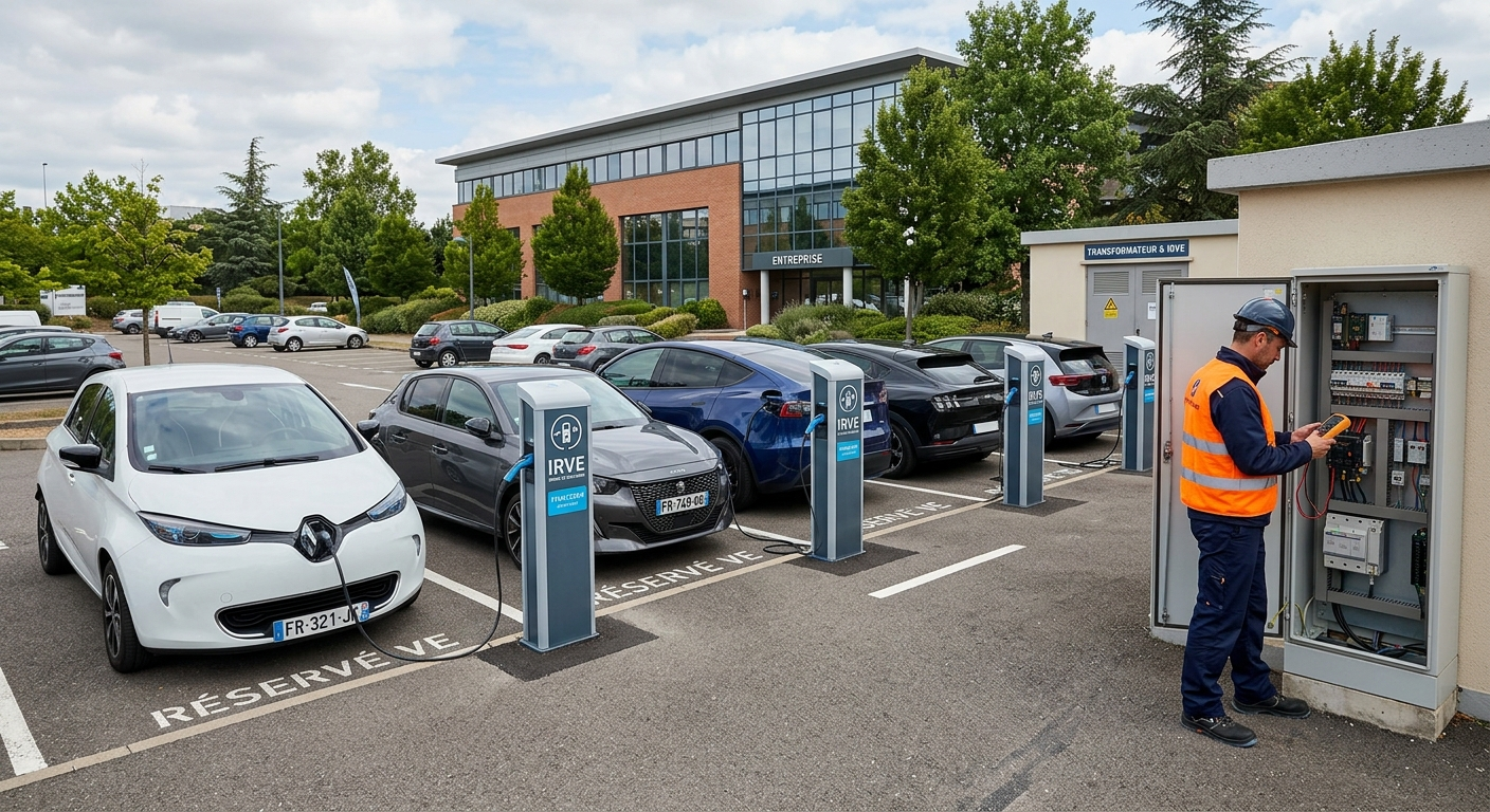 Borne de recharge électrique IRVE installée dans un parking d'entreprise avec technicien professionnel vérifiant un tableau électrique