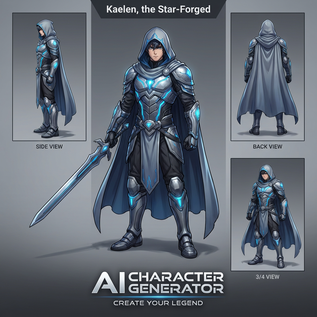 AI character generator design sheet with anime hero shown from multiple angles — professional concept art turnaround