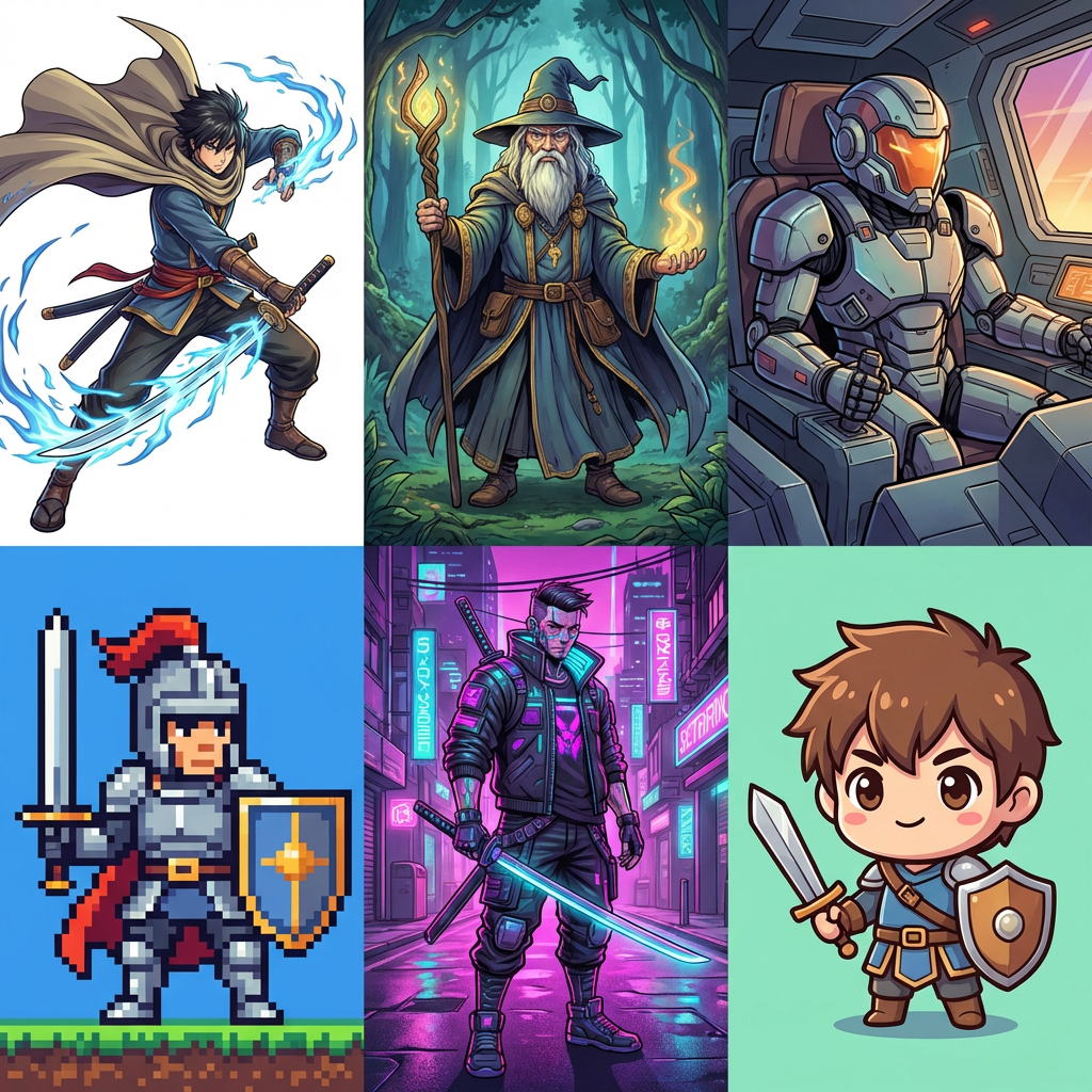 Diverse AI-generated character gallery — anime swordsman, fantasy wizard, sci-fi mech pilot, pixel art knight, cyberpunk samurai, chibi mascot