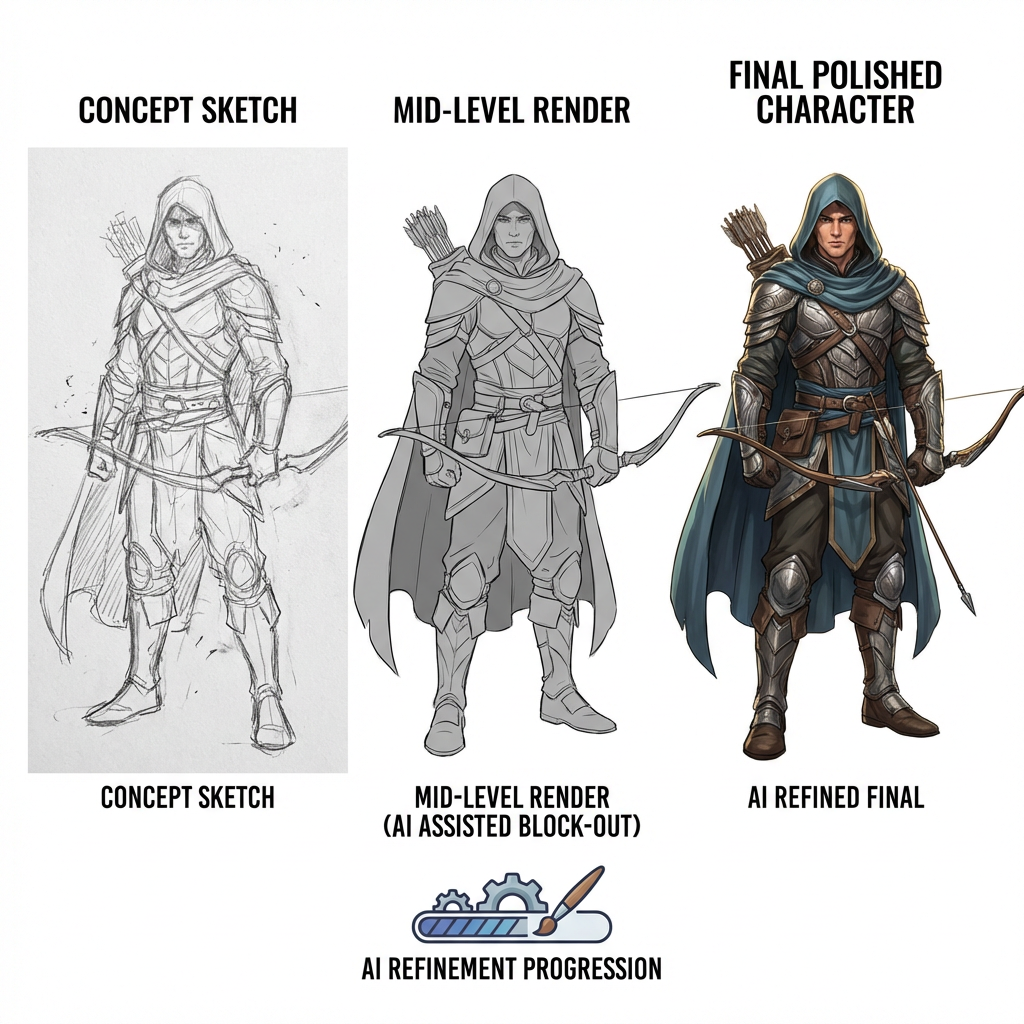 AI character design process — rough sketch, detailed render, and final polished character illustration progression