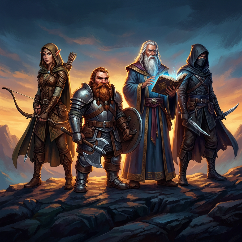 Fantasy character generator showcase — elf ranger, dwarf warrior, wizard, and rogue assassin in heroic RPG poses